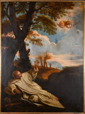 une peinture à l'huile représentant un homme à genoux devant un arbre
