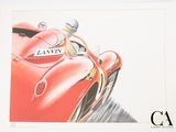 une image représentant un tableau d'une voiture de course rouge avec un homme au volant