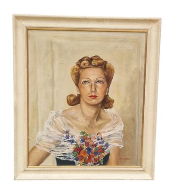 an oil painting of a woman in a dress with flowers on it