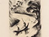 a drawing of two people in a boat on the water