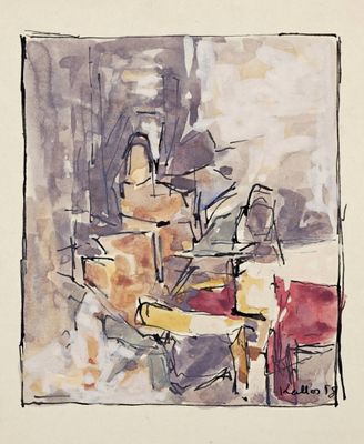 un tableau représentant un homme assis à une table avec un chien