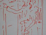 drawing of a man standing in front of a door with a red marker on it