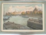 a picture of a painting of boats on the water