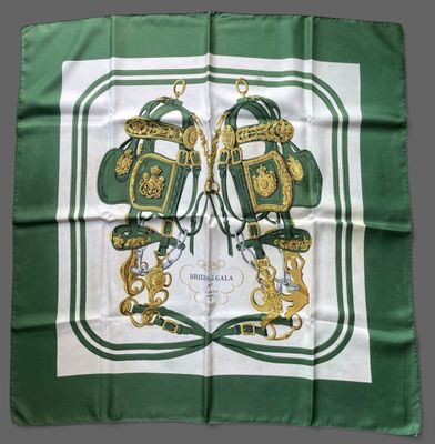 green and white silk scarf with a picture of a horse and carriage
