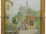 an image of a painting of a woman sitting on a bench in front of a church