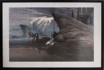 painting of a man riding a horse on a beach next to a boat