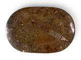 une pierre brune ornée d'un motif, posée sur une surface blanche