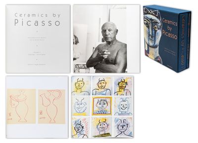 several books with drawings and pictures of a man in a room