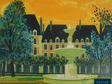 a painting of a fountain in the middle of a park