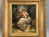 a painting of a woman in a dress sitting on a chair