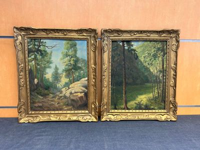 une paire de peintures à l'huile représentant une scène forestière