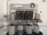 four jugs of oil sitting on a shelf in a garage