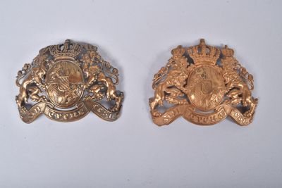 deux insignes métalliques de couleur dorée sur un fond blanc