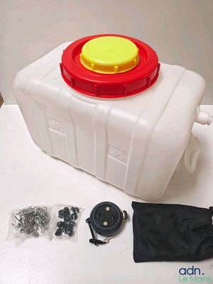 a white container with a red lid and a yellow cap