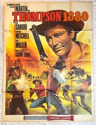 une vieille affiche de cinéma représentant un homme tenant un pistolet à la main