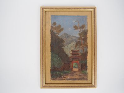 une image représentant un tableau représentant un paysage avec un portail