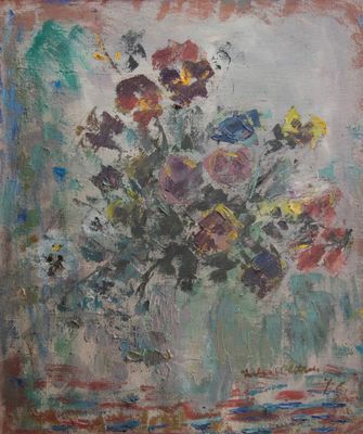 peinture d'un vase de fleurs sur une table dans une pièce