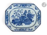 une assiette bleue et blanche décorée de fleurs et de fruits