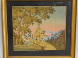 tableau représentant un homme à cheval avec une femme assise derrière lui