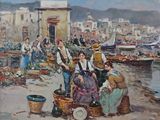 a painting of a group of people on the beach