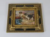 a picture of a painting of a dog on a table