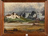 a painting of a mountain scene with a lake in the foreground