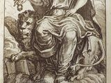 an old book with a drawing of a man sitting on a sheep