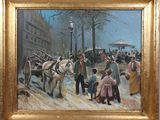 un tableau représentant une calèche tirée par des chevaux dans une rue enneigée