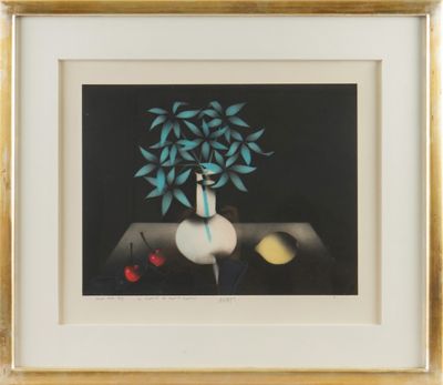 painting of a vase with a plant in it on a table