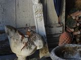 a pile of firewood next to a pile of pots and a bird statue
