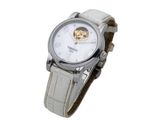 an image of a wrist watch with a white dial and a white leather band