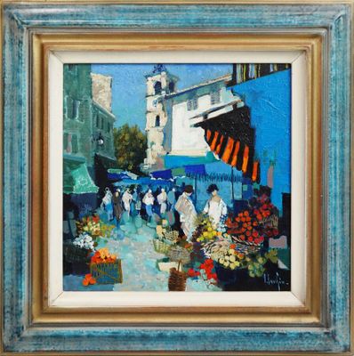 une peinture à l'huile représentant une scène de rue avec des personnages et des fleurs