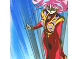 a painting of a woman in a red suit with pink hair