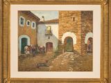 an image of a painting of a street scene with a horse and carriage