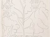 dessin représentant un arbre avec un bâtiment en arrière-plan