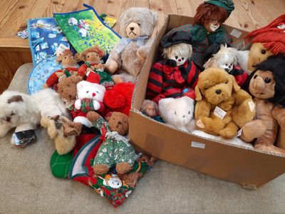 beaucoup de peluches dans une boîte posée par terre