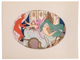 an image of a drawing of a woman sitting at a table with other people
