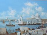 a painting of a view of a harbor with boats on the water