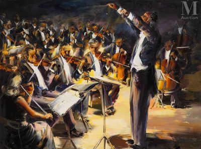 an oil painting of a conductor directing a orchestra in front of a crowd