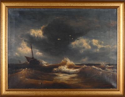 an oil painting of a boat in a stormy sea with a bird flying overhead