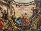 an oil painting of a group of people standing around a pole