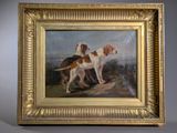 painting of two hunting dogs in a landscape with a distant sky