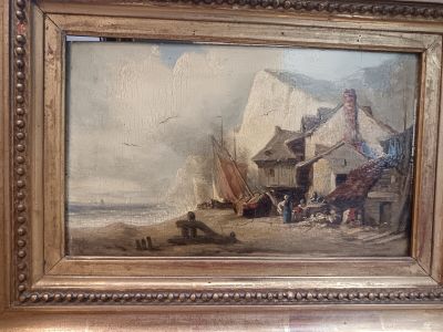 Ecole XIXème "Village de pêcheurs", huile sur panneau monogr…