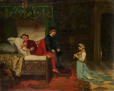 tableau représentant une famille dans une chambre à coucher avec un lit