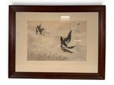 painting of two birds flying in the air over a field