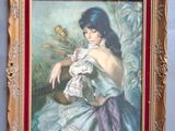 tableau représentant une femme en robe blanche tenant une fleur