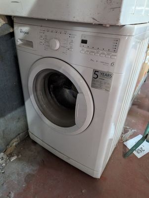 une machine à laver posée à même le sol, près d'un mur