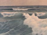 a painting of a man on a surfboard riding a wave