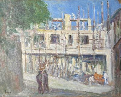une peinture représentant un bâtiment en cours de construction au bord de la rue