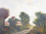 un tableau représentant une route de campagne avec une maison au loin